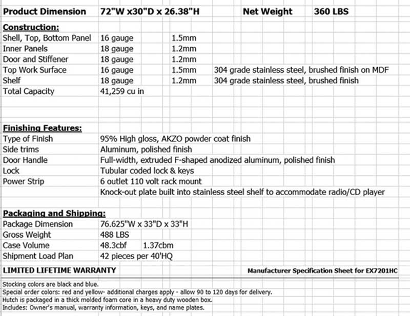 EX7201HC Top Tool Hutch Specifications